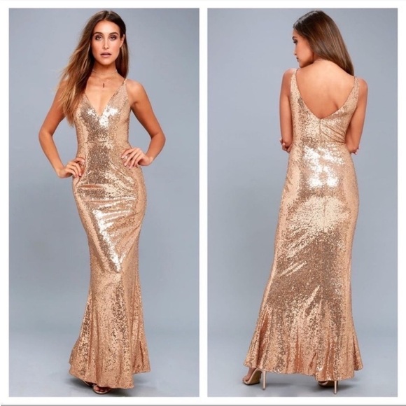 Lulu’s Here To Wow Gold Sequin Maxi Dress Gown | Size XS EUC Mermaid Silhouette - Picture 1 of 16